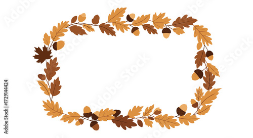 An autumnal oval border of oak leaves and acorns in various shades of brown and gold on a white background.