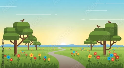 Peaceful Countryside Pathway at Sunrise.