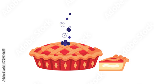 A delicious blueberry pie with a slice cut out and some blueberries floating above it.