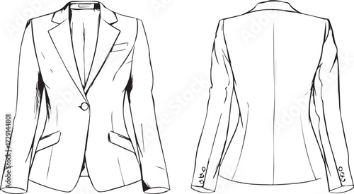 fashion illustration of a women's blazer, featuring long sleeves and lapels, in a front view, with a vector line drawing on a white background