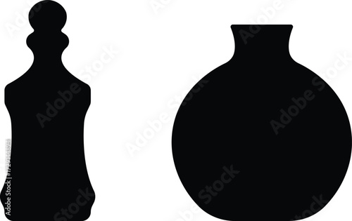 Art & IllustrationBottle and jug icon set.Bottle and jug silhouette collection. Oil, potion, alcohol, perfume black and outline bottle silhouette.Different icon set of bottle and jug shapes.