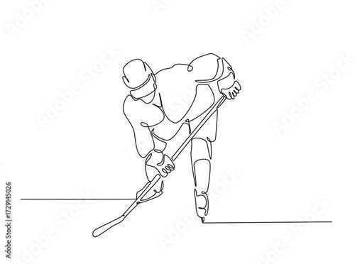 Professional ice hockey player in single outline illustration. Continuous line art drawing of hockey sport. Editable stroke.