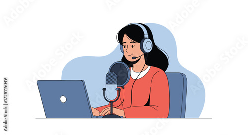 A woman wearing headphones is recording audio with a microphone and laptop.