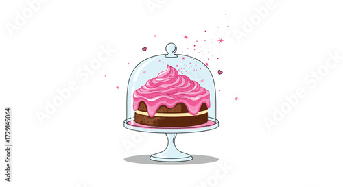A delightful chocolate cake with pink frosting and sprinkles under a glass dome.