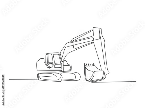 Excavator in single outline illustration. Continuous line art drawing of Heavy Vehicle Construction Excavator. Editable stroke.