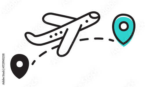 Airplane flying from one location pin to another