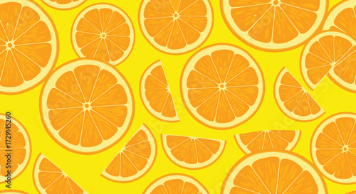 A vibrant and refreshing pattern of bright orange citrus slices arranged across a sunny yellow background.