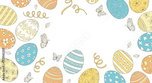 Happy easter egg designs with spring ribbon and confetti decorations.