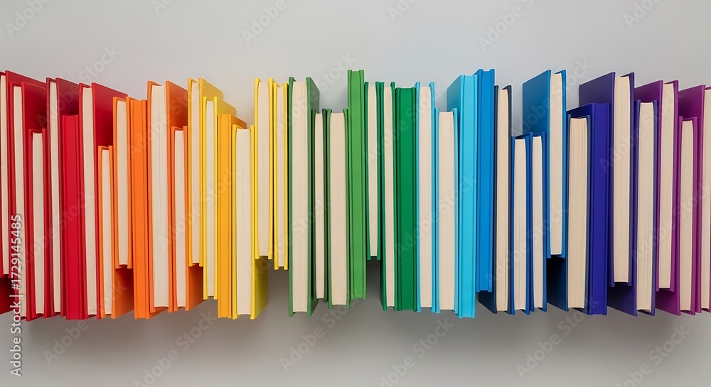 Fototapeta premium Aesthetic arrangement of colorful books in a spectrum pattern design