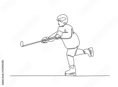 Professional ice hockey player in single outline illustration. Continuous line art drawing of hockey sport. Editable stroke.