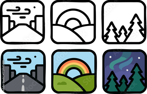 Set of six landscape icons representing different weather and times of day.