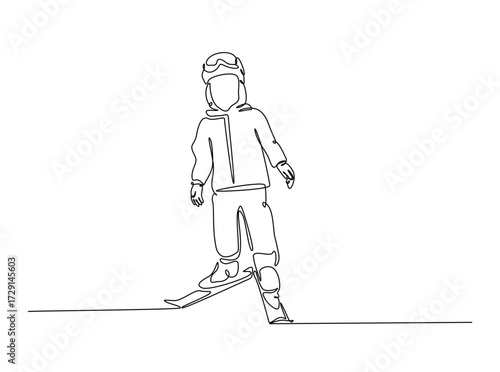 Little kid skiing in single outline illustration. Continuous line art drawing of happy kid skiing in winter season. Editable stroke.