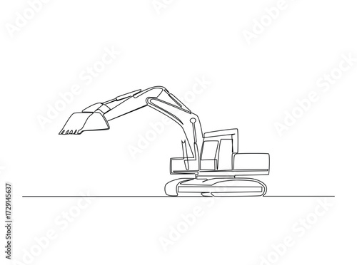 Excavator in single outline illustration. Continuous line art drawing of Heavy Vehicle Construction Excavator. Editable stroke.