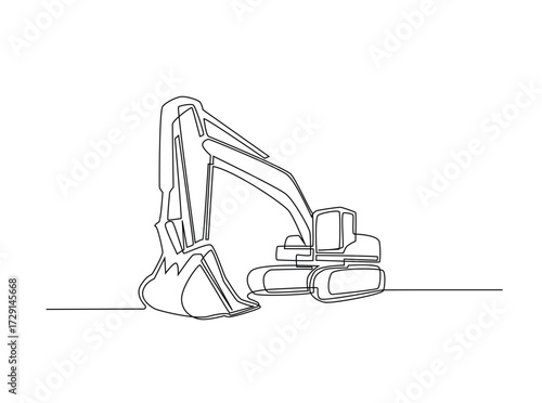 Excavator in single outline illustration. Continuous line art drawing of Heavy Vehicle Construction Excavator. Editable stroke.