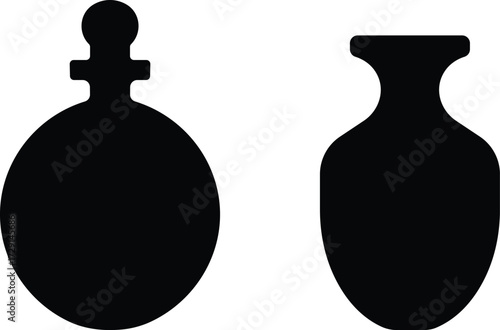 Art & IllustrationBottle and jug icon set.Bottle and jug silhouette collection. Oil, potion, alcohol, perfume black and outline bottle silhouette.Different icon set of bottle and jug shapes.