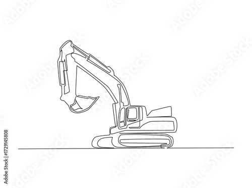Excavator in single outline illustration. Continuous line art drawing of Heavy Vehicle Construction Excavator. Editable stroke.