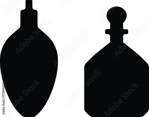 Art & IllustrationBottle and jug icon set.Bottle and jug silhouette collection. Oil, potion, alcohol, perfume black and outline bottle silhouette.Different icon set of bottle and jug shapes.