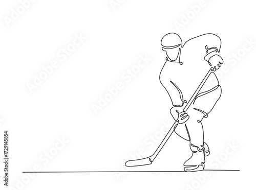 Professional ice hockey player in single outline illustration. Continuous line art drawing of hockey sport. Editable stroke.