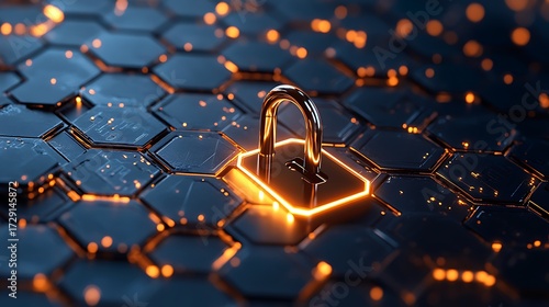 Glowing open padlock on futuristic hexagonal grid isolated on white background