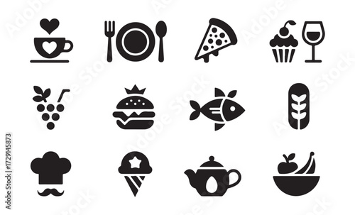 food and drink black icon set restaurant menu illustration