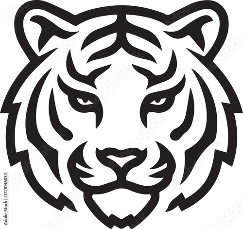 simple line art of a tiger face, vector graphic, white background, simple design, flat vector style, logo icon, black and white