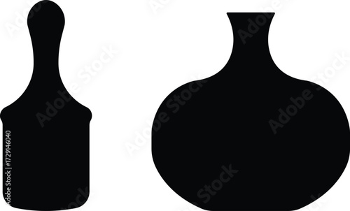Art & IllustrationBottle and jug icon set.Bottle and jug silhouette collection. Oil, potion, alcohol, perfume black and outline bottle silhouette.Different icon set of bottle and jug shapes.