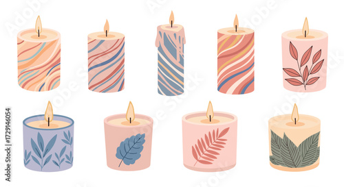 A collection of decorative scented candles with unique patterns and natural elements creating a warm and inviting atmosphere.