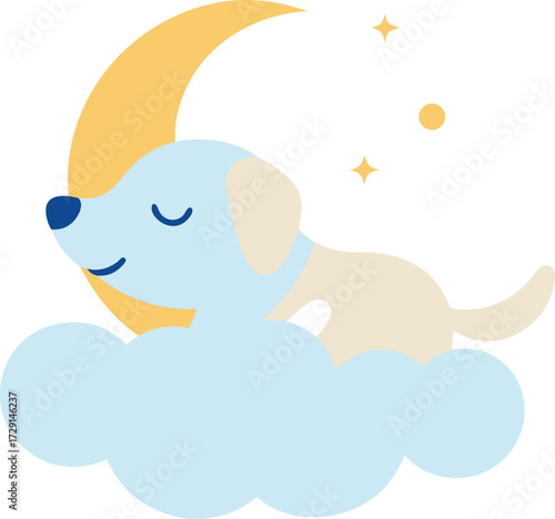 Cute puppy sleeping peacefully on a cloud under the moon and stars illustration
