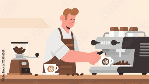 The barista is making coffee. Cartoon hand-drawn vector illustration