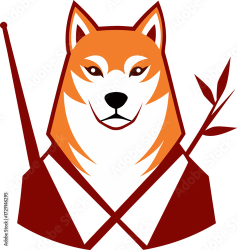 Shiba inu samurai logo with spear and bamboo branch on a white background design