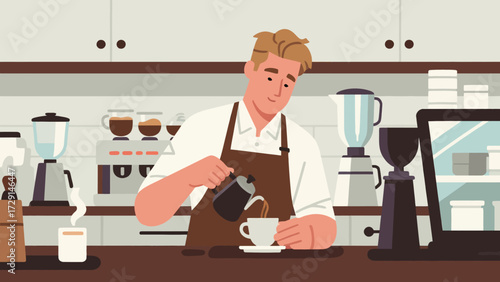 The barista is making coffee. Cartoon hand-drawn vector illustration