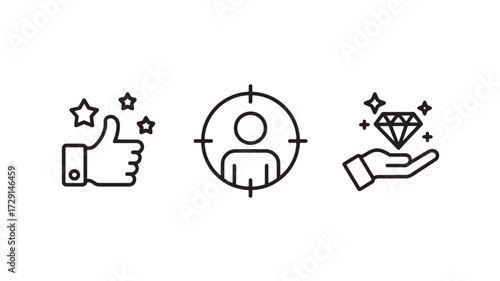 Set of business concept icons including target audience and customer satisfaction simple line vector design element for websites and apps isolated on white background