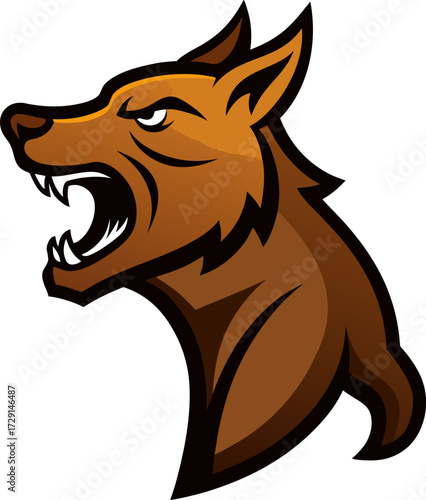 Fierce brown wolf head roaring with sharp teeth in a dynamic vector illustration