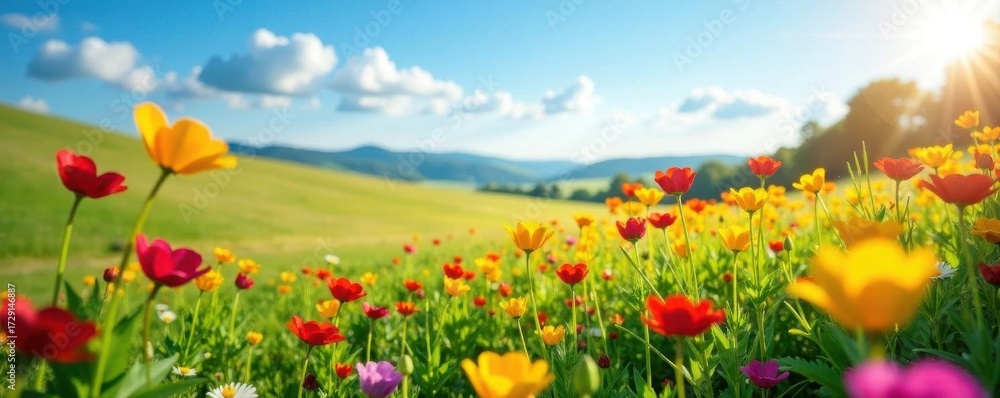 Fototapeta premium Vibrant wildflowers carpet sun-drenched field, photo, texture