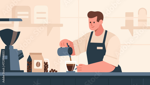 The barista is making coffee. Cartoon hand-drawn vector illustration