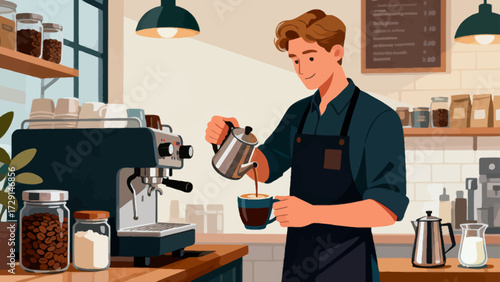 The barista is making coffee. Cartoon hand-drawn vector illustration