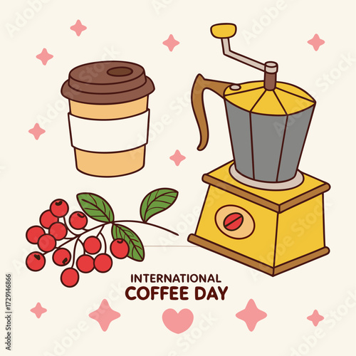 International Coffee Day Celebration with Coffee Cup Coffee Grinder and Fresh Berries