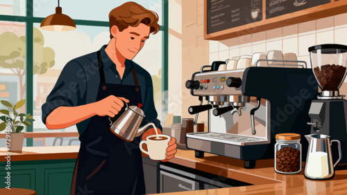 The barista is making coffee. Cartoon hand-drawn vector illustration