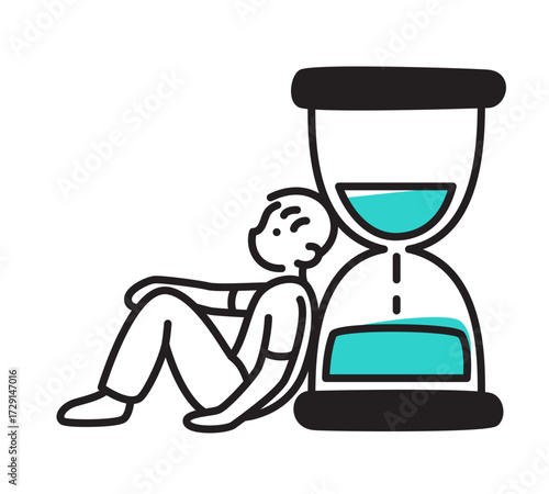 Boy leaning against hourglass and waiting