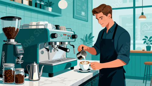 The barista is making coffee. Cartoon hand-drawn vector illustration