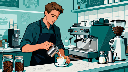 The barista is making coffee. Cartoon hand-drawn vector illustration