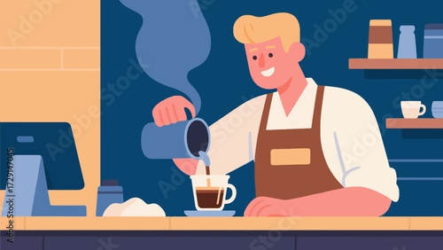 The barista is making coffee. Cartoon hand-drawn vector illustration
