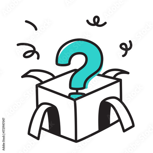 Question mark in gift box and confetti representing surprise