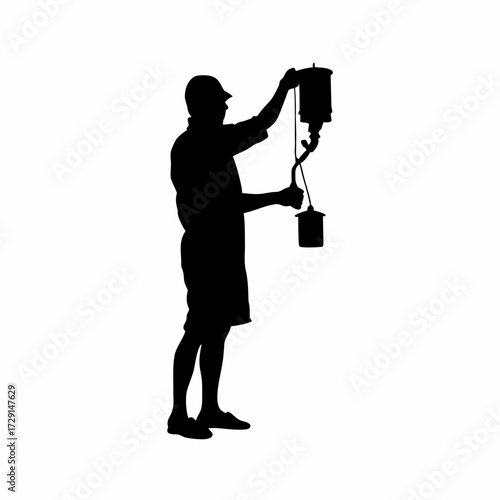 Caretaker silhouette refilling hanging poultry feeders isolated on white background