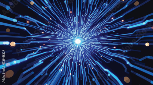 Radiant blue circuit board lines exploding outwards from a bright central light source technology abstract.