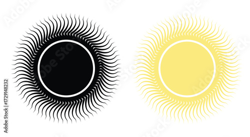 Suns, two suns, one black and one yellow, , radiating light and warmth in a simple design