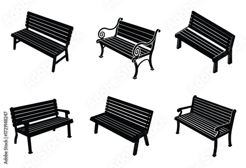 Black Silhouette Wooden Park Bench Vector Set