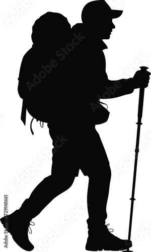 Hiker with backpack and trekking pole silhouette walking