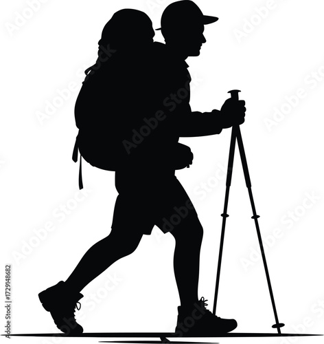 Hiker with backpack and poles trekking poles walking