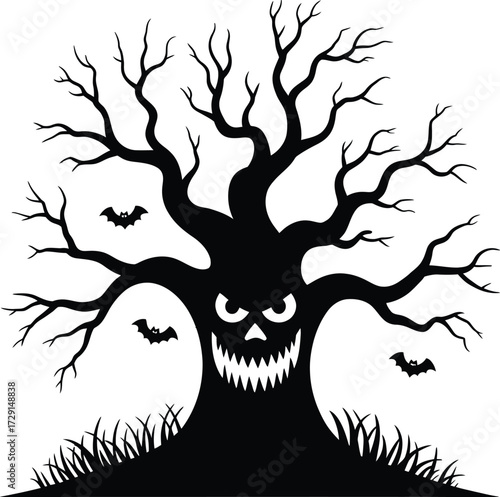 Spooky tree with bats and grass halloween scary